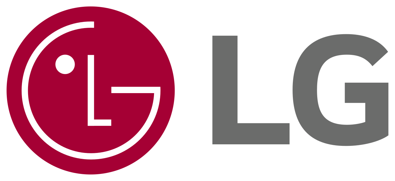 LG logo in gray and magenta with circular emblem and stylized letters