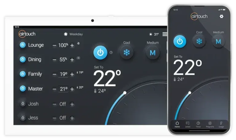 Dark smart thermostat app interface showing 22° on phone and tablet screens