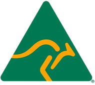 Green triangular sign with a yellow kangaroo outline, indicating a kangaroo crossing warning.