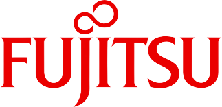 Fujitsu logo in red lowercase letters with an infinity-like symbol above the “j”