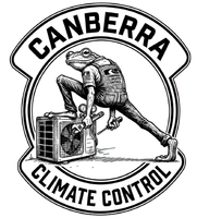 Black-and-white Canberra Climate Control logo with a worker kicking an air conditioner unit