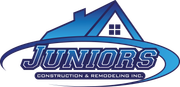 Logo for Juniors Construction & Remodeling Inc. with a blue house and text.