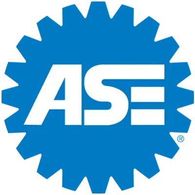 Blue ASE gear-shaped logo with white letters.