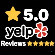 Yelp 5.0 rating badge with yellow star and five yellow review stars on black background
