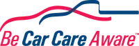 Be Car Care Aware logo with pink and blue car outline above the slogan