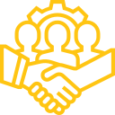 Yellow outline icon of three people shaking hands in a partnership