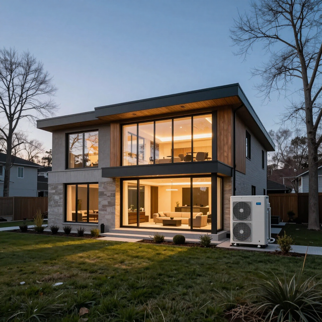 Modern two-story house with large windows lit at dusk, framed by a grassy yard and bare trees.