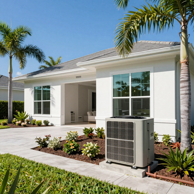 Single-story white house with palm trees, landscaped yard, and outdoor HVAC unit in front