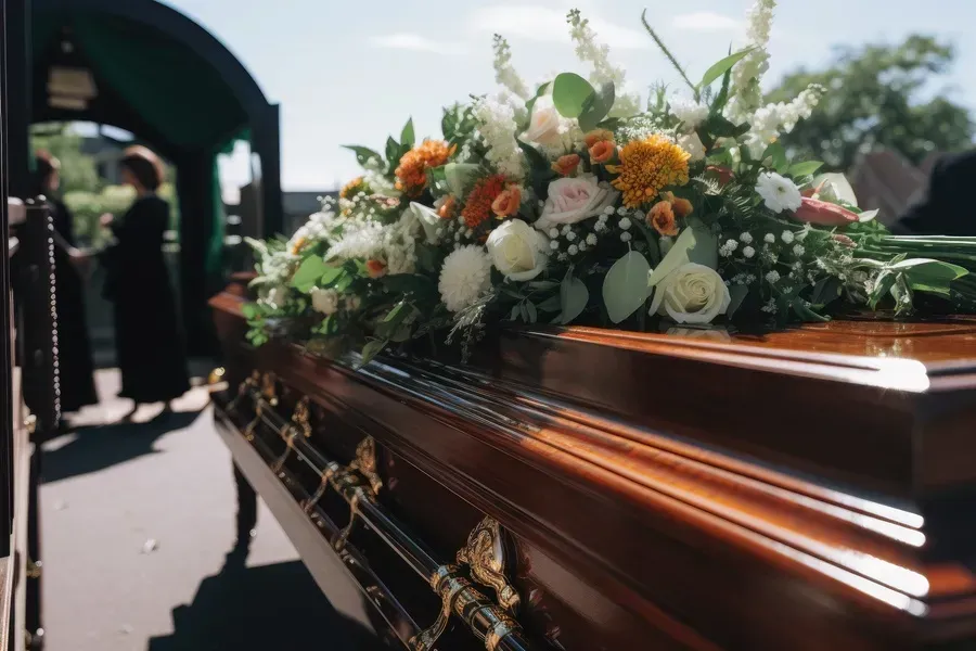 Flower arrangement on a polished wooden casket at a funeral service