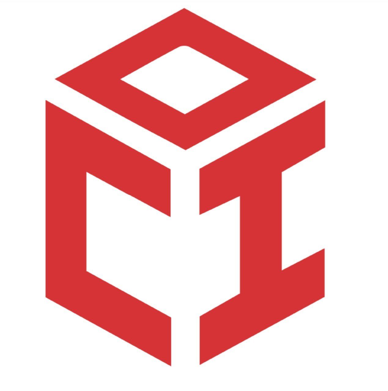 Red geometric cube-like logo with a white center on a white background