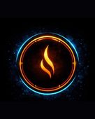Glowing flame icon inside a circle with orange and blue light effects, dark background.