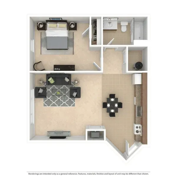 Top-down view of a small apartment floor plan. It shows a kitchen, living area, bedroom, and bathroom, all in a pale, illuminated setting.