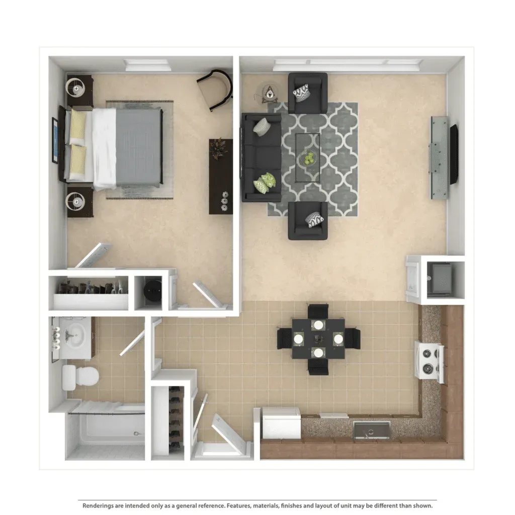 Floor plan of a studio apartment, featuring a bathroom, kitchenette, living area, and a bed.