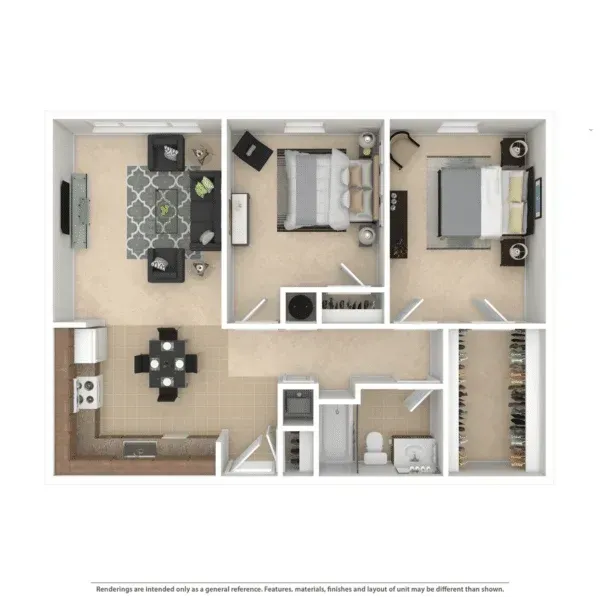 Floor plan of a modern apartment; a top-down view shows rooms with furniture and fixtures against a blue background.