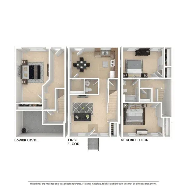 Three-floor house floor plan with labeled lower, first, and second levels and furniture layouts