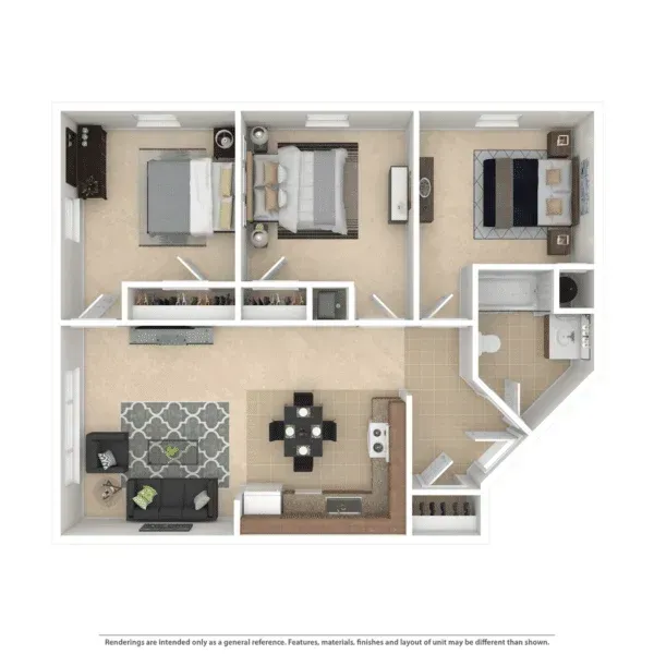 Top-down floor plan of a two-bedroom apartment with living room, kitchen, and bathroom.