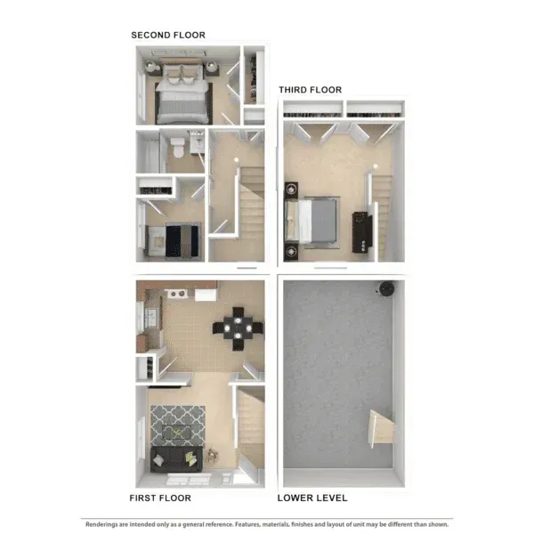 Four-panel floor plan of a multi-level home showing second, third, first, and lower levels.