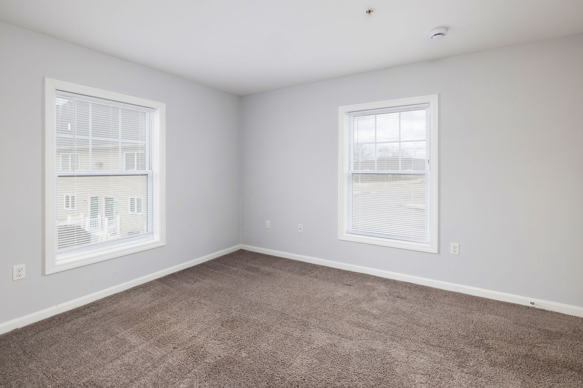 Empty carpeted room with light gray walls and two windows with white blinds