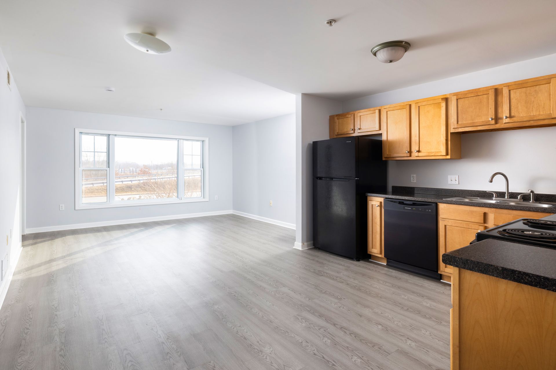 Bright empty apartment kitchen and living area with black appliances, wood cabinets, and large windows