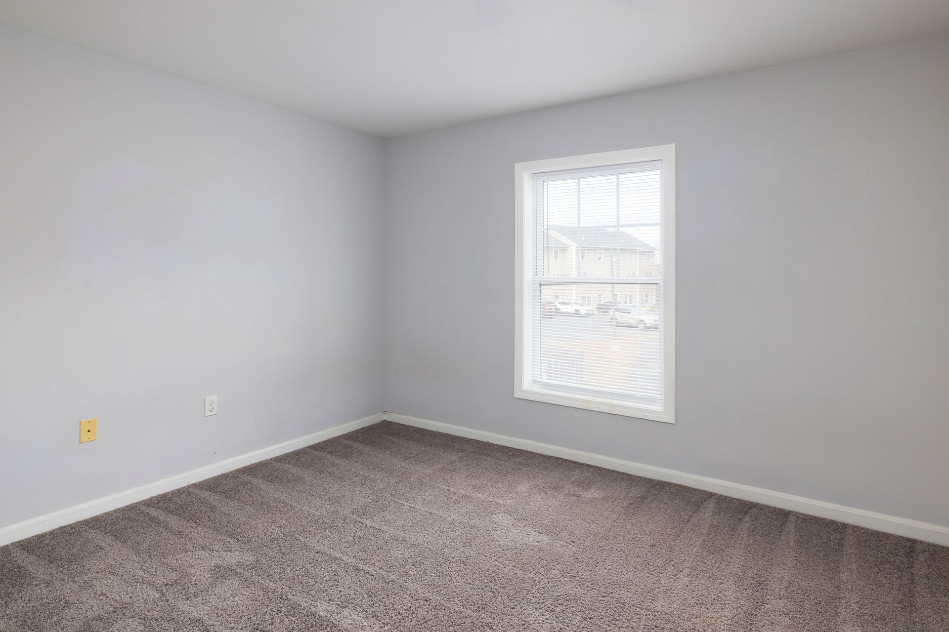 Empty gray bedroom with carpet and a single window letting in daylight