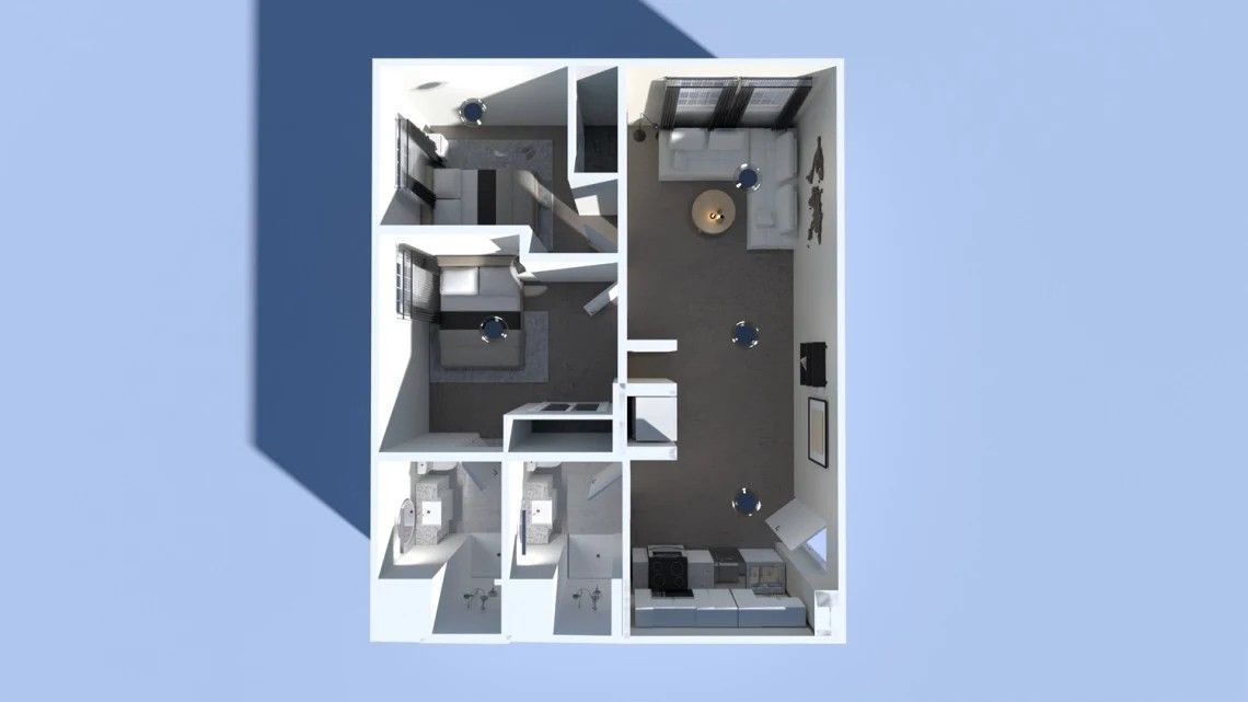 Top-down view of a small apartment floor plan with furniture in shades of gray, on a blue background.