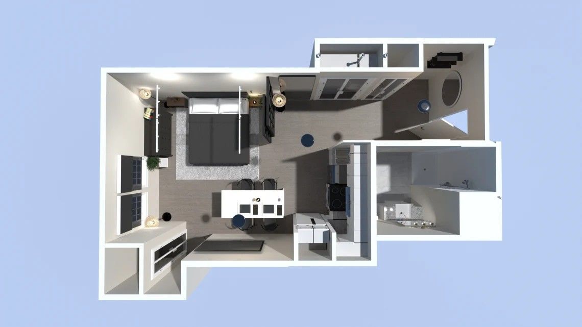 Overhead view of a furnished studio apartment layout. Includes bedroom, kitchen, bathroom, and living area.