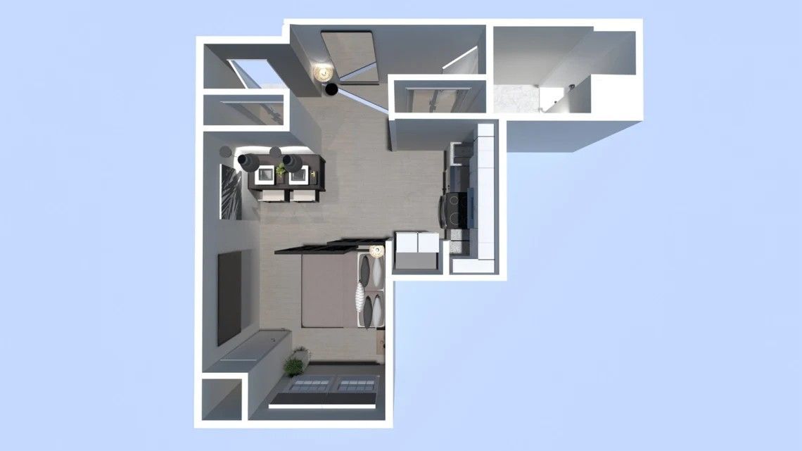 Floor plan of an L-shaped apartment layout. Gray and white walls, furniture in the living and sleeping areas, and kitchen.