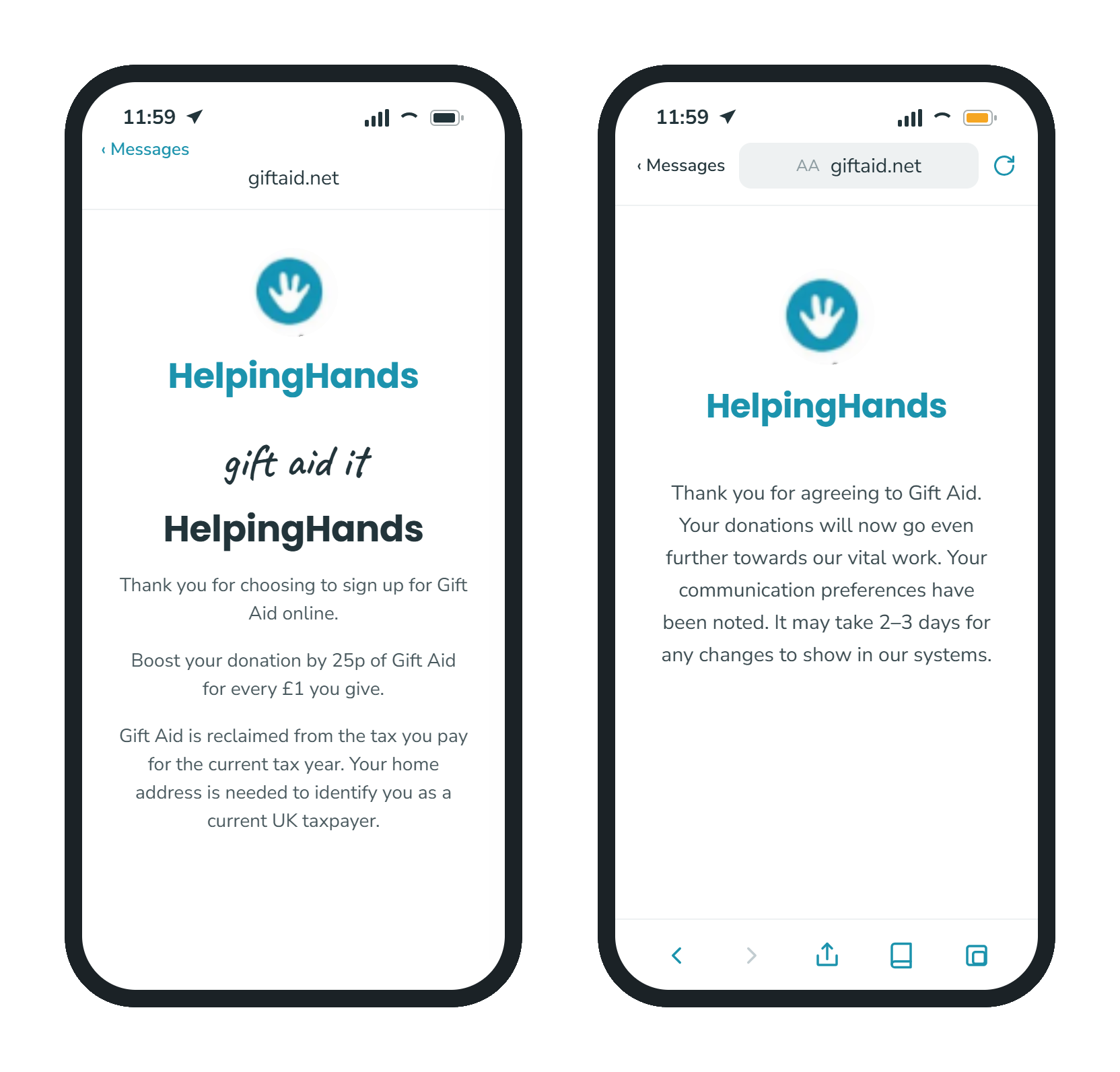A Gift-Aid sign up and thank you screen 