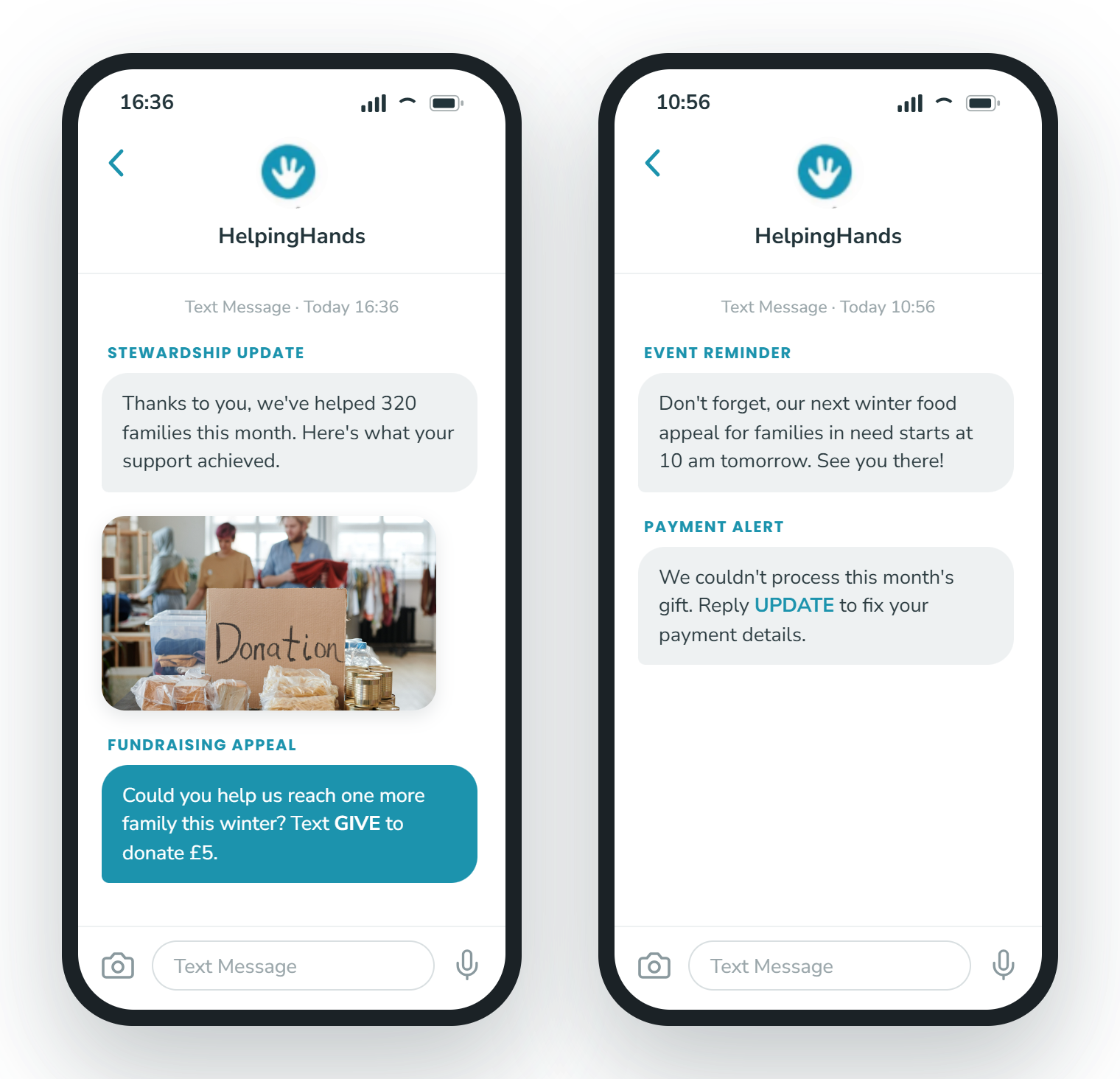 A thank-you message for a text-to-donate gift and a follow-up on how the donation has had an impact