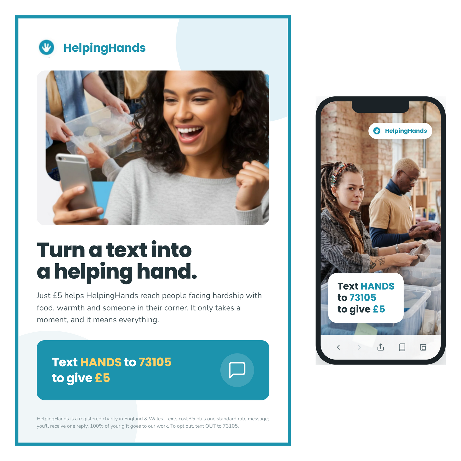 HelpingHands donation ad: smiling woman holding a phone and a text-to-donate message on teal and white posters