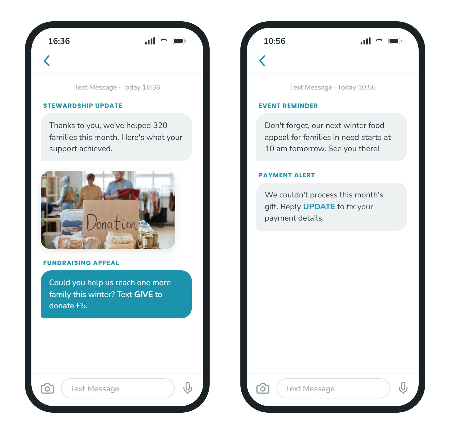 A thank-you message for a text-to-donate gift and a follow-up on how the donation has had an impact 