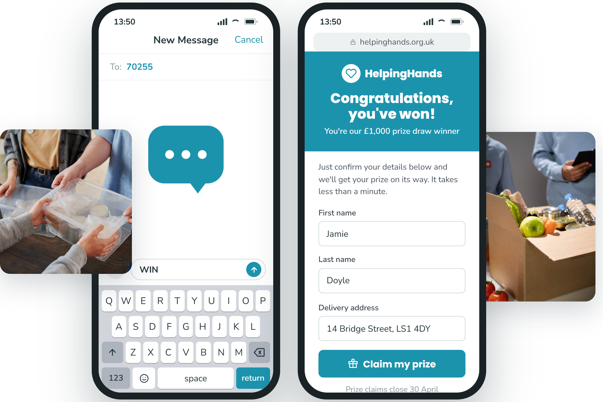 Mobile app mockups showing entering a text-to-win campaign and the confirmation claim form for the winner.