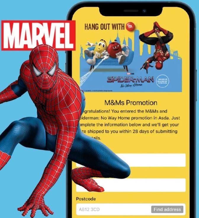 Spider-Man promoting an M&M’s giveaway on a yellow mobile webpage with Minions and red Spider-Man art.