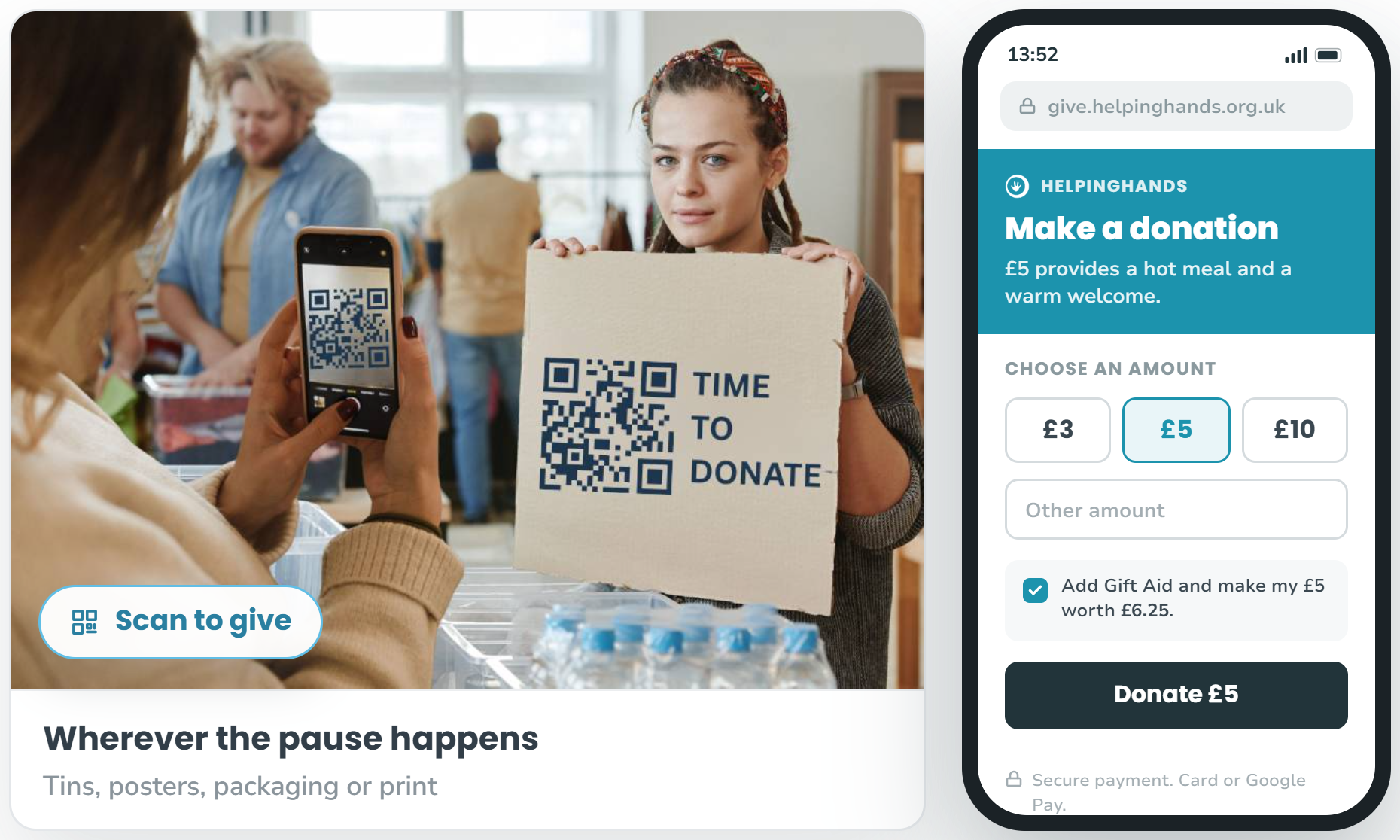QR code donation campaign on phone and poster with 
