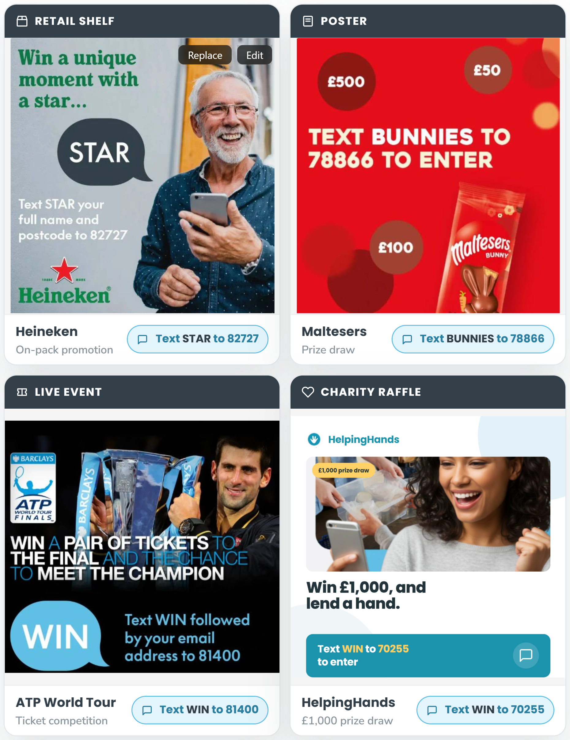 Four mobile ad tiles for contests and promotions, featuring photos, bold text, and brand logos.