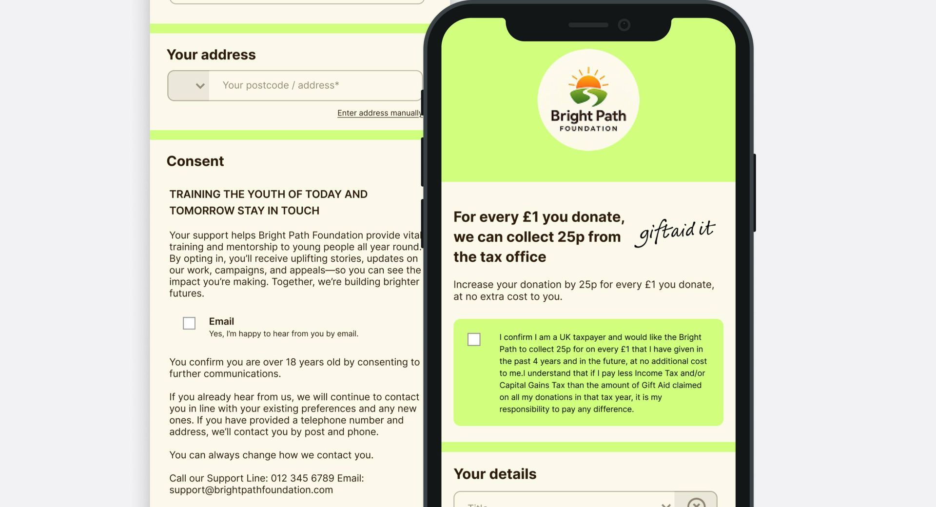 A fully branded charity consent form for Gift Aid and staying in touch 