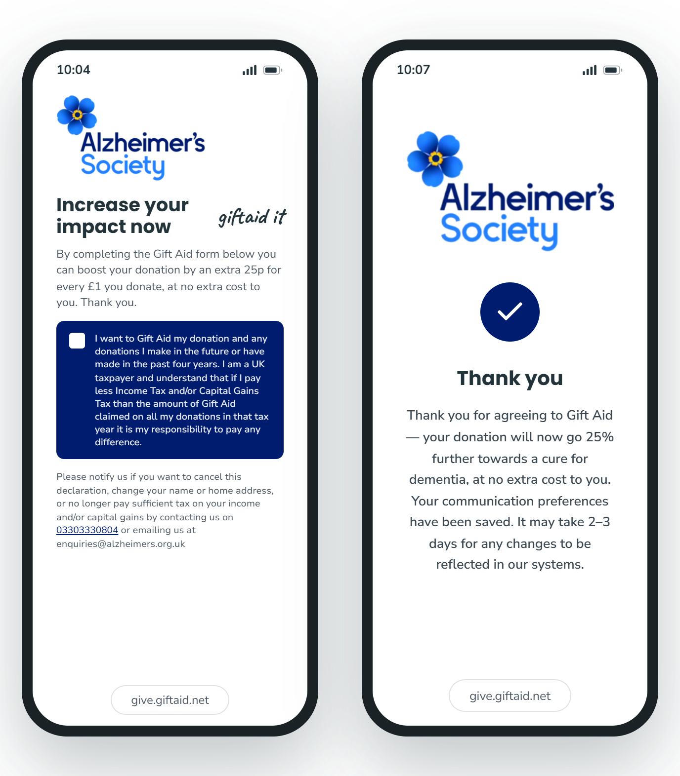 Two mobile screens showing an Alzheimer's Society donation page and a thank-you confirmation screen.