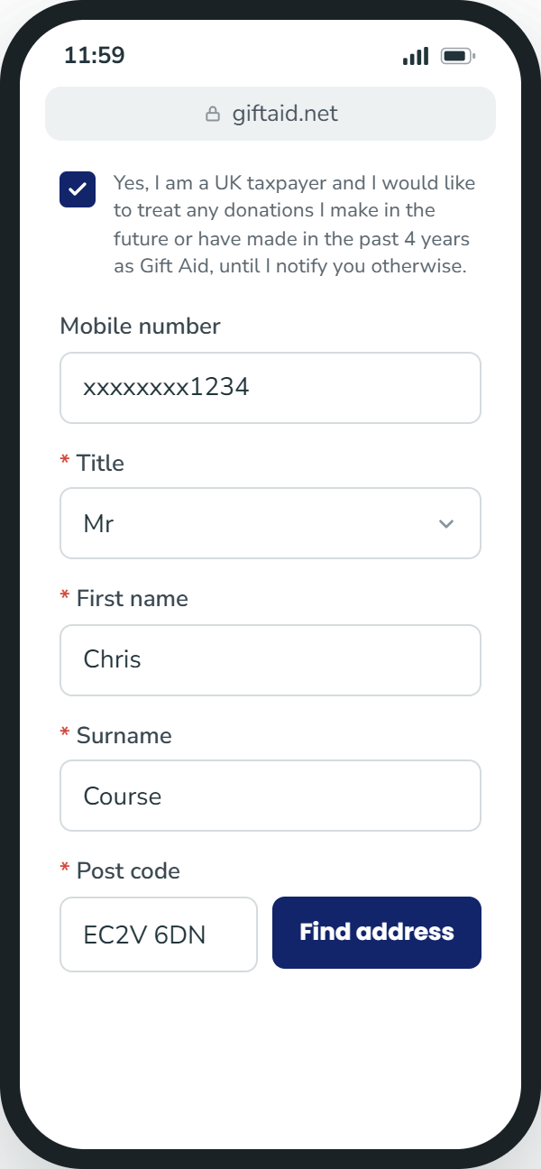 Mobile web form with fields for number, title, first name, surname, and postcode, plus a blue “Find address” button