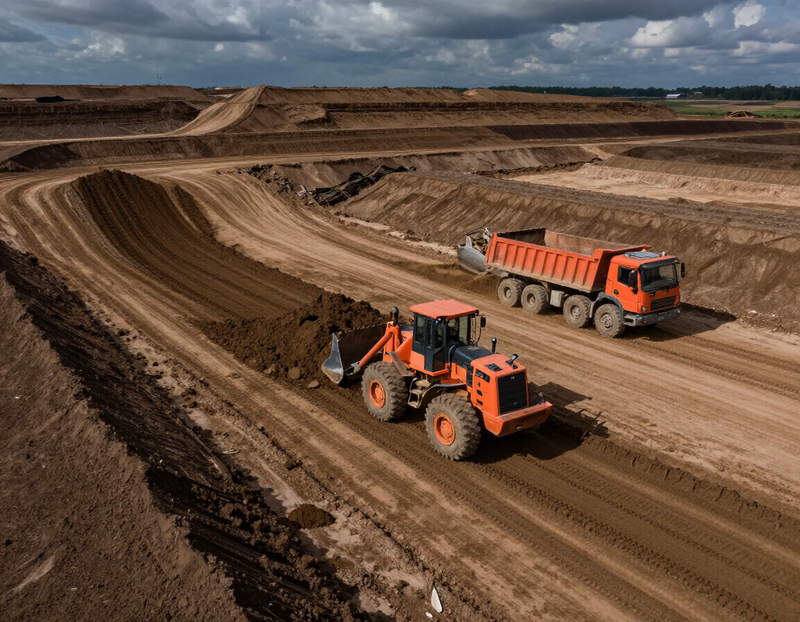 Graded earthwork site with heavy equipment