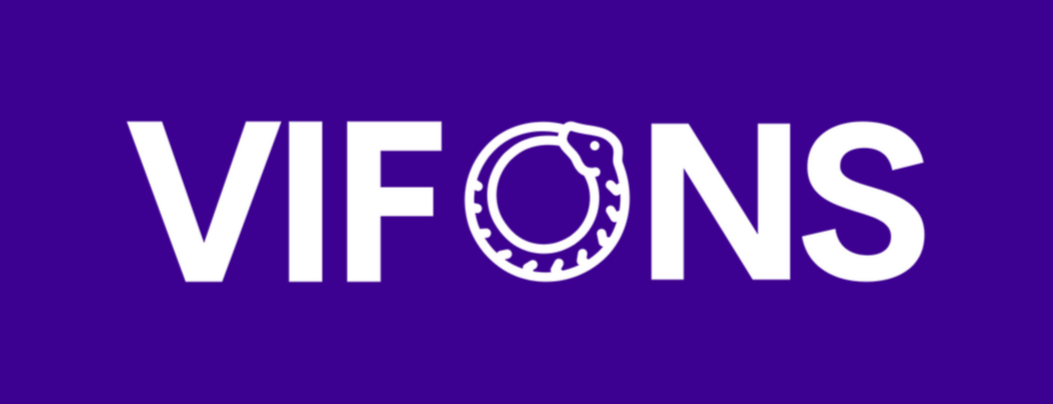 Wit "VIFONS"-logo op een paarse achtergrond met een cirkelvormig symbool in de O. Copyright: Vifons