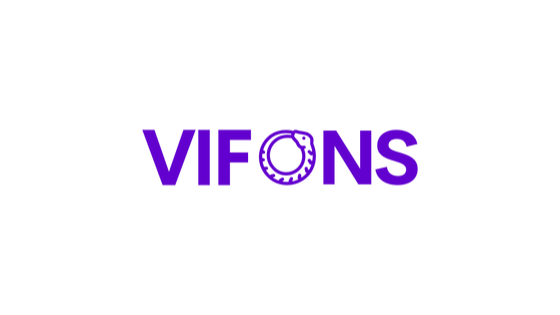 Paars VIFONS-logo met een cirkelvormig noedel-icoon in de letter O op een witte achtergrond. Copyright: Vifons