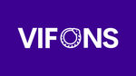 Het VIFONS-logo in wit op een paarse achtergrond met een gestileerd cirkelvormig noedel-icoon in de O. Copyright: Vifons