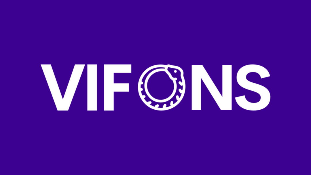 Het VIFONS-logo in wit op een paarse achtergrond met een gestileerd cirkelvormig noedel-icoon in de O. Copyright: Vifons