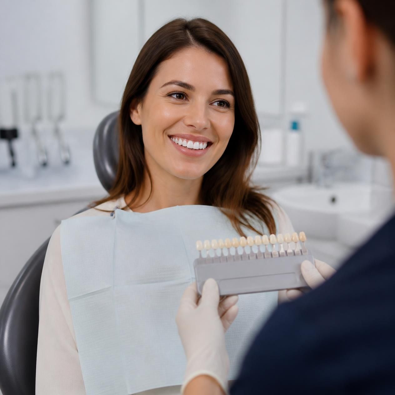 Smiling dental patient facing dentist holding a tooth shade guide in a clinic