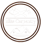 Circular brown-and-white logo for Elite Carpentry with tools and a house outline