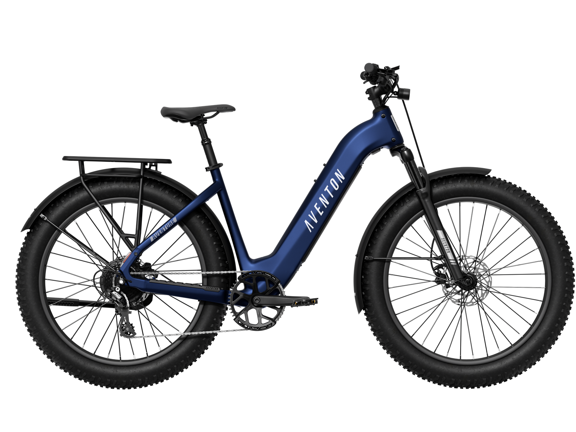 Blue electric bike with fat tires, rear rack, and fenders on a white background