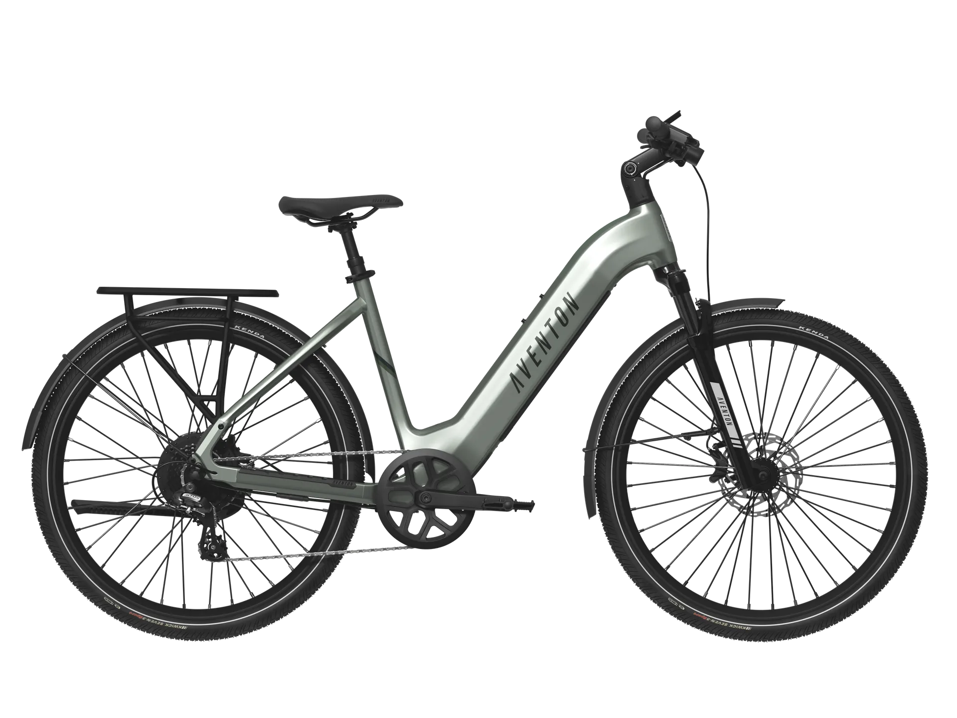 Gray step-through electric bicycle with rear rack, front suspension, and black wheels on a white background