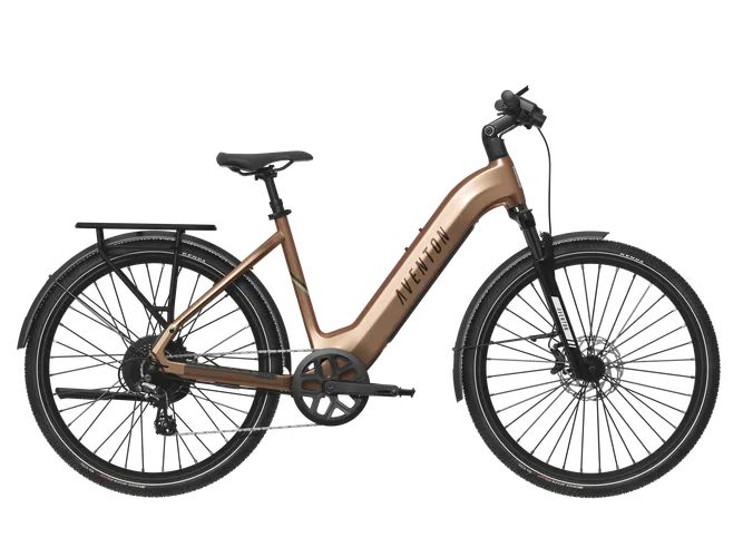 Tan electric cargo bike with black wheels and rear rack, side view on a white background