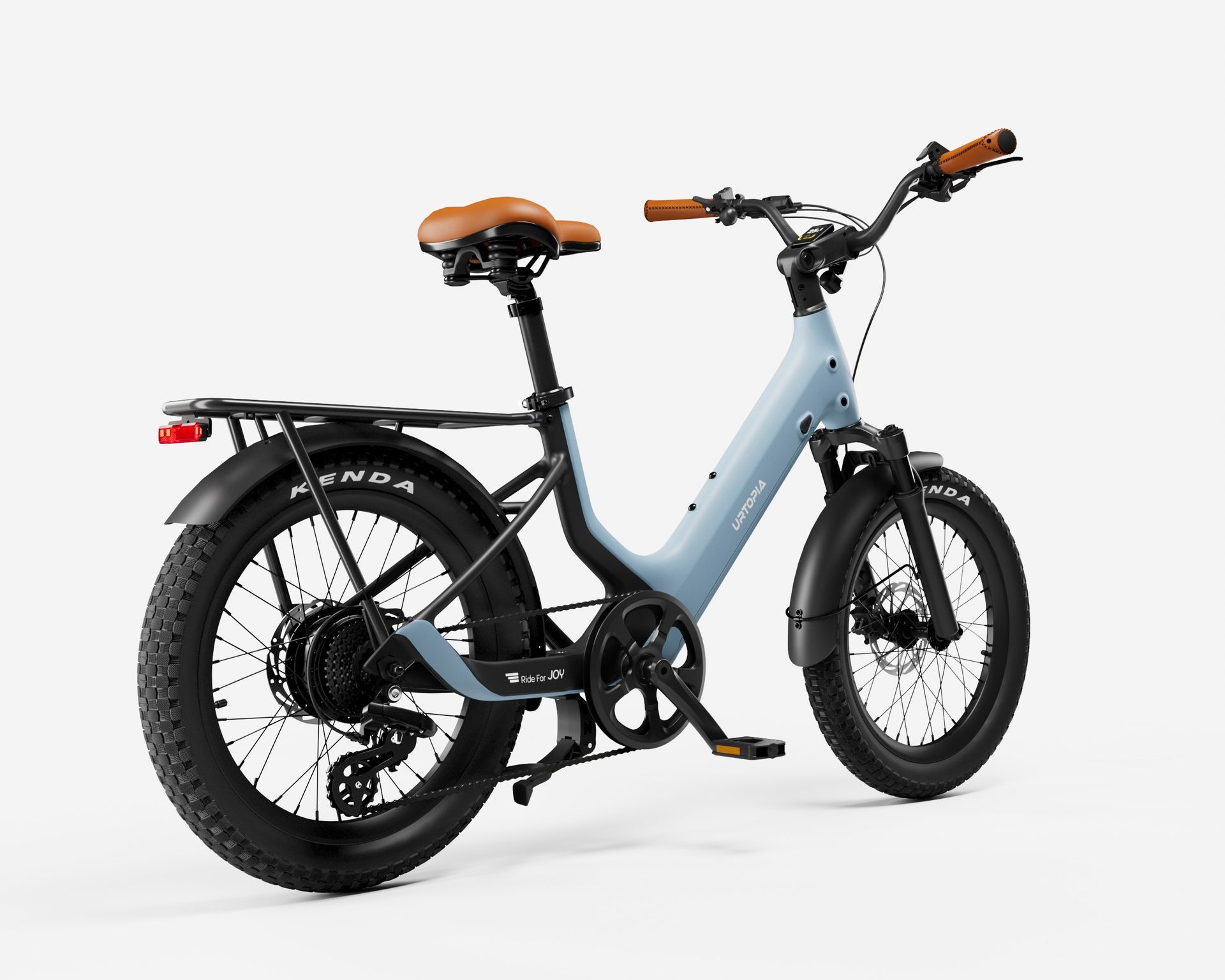 Light blue electric bicycle with brown seat and handlebars on a white background
