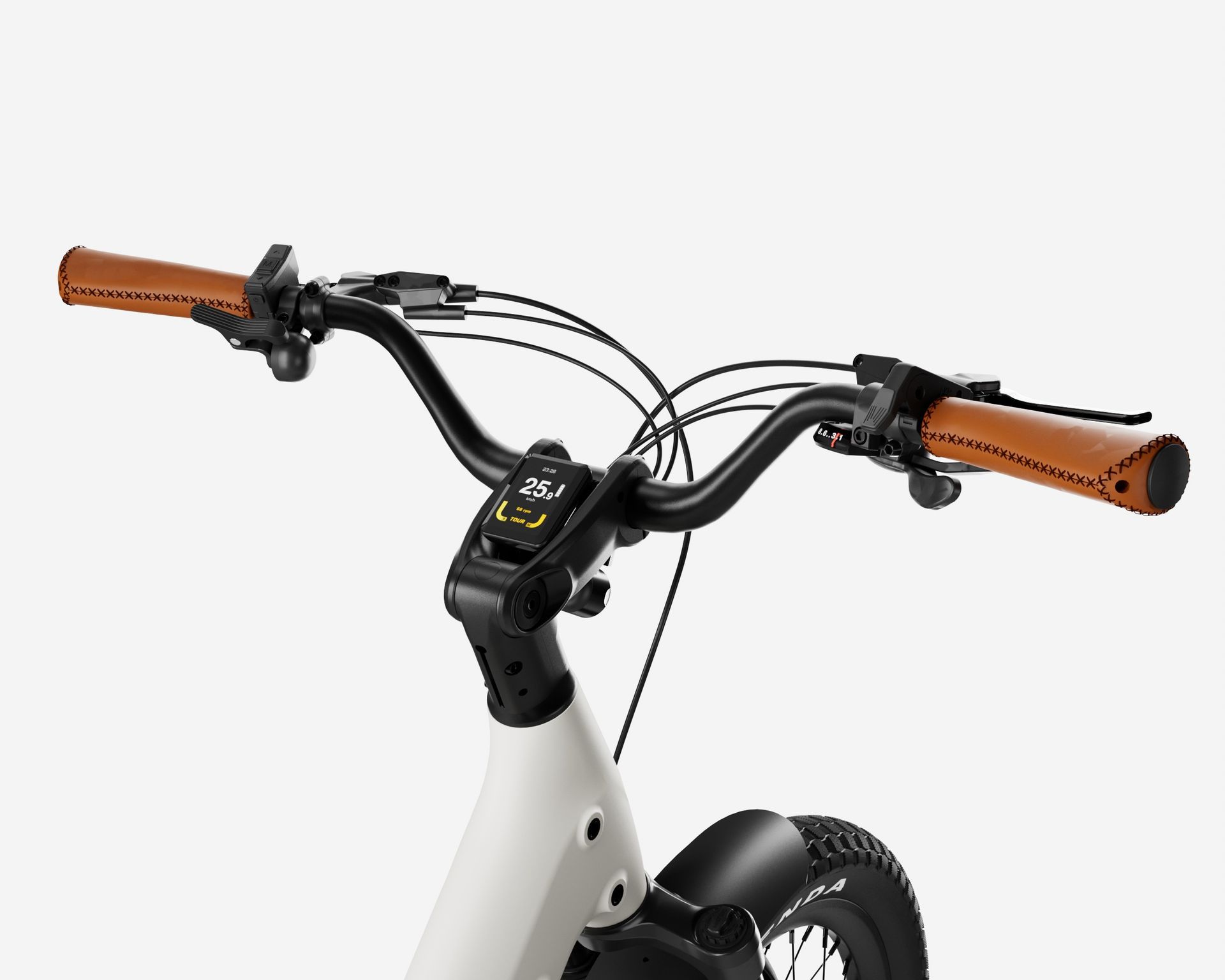 Close-up of a white electric bicycle handlebar with brown grips and a central display.